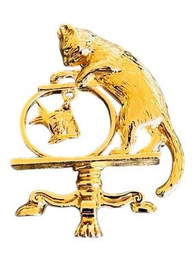 Vintage Avon Cat & Fishbowl Charm Brooch – Gold Tone Figural Pin – 1994
